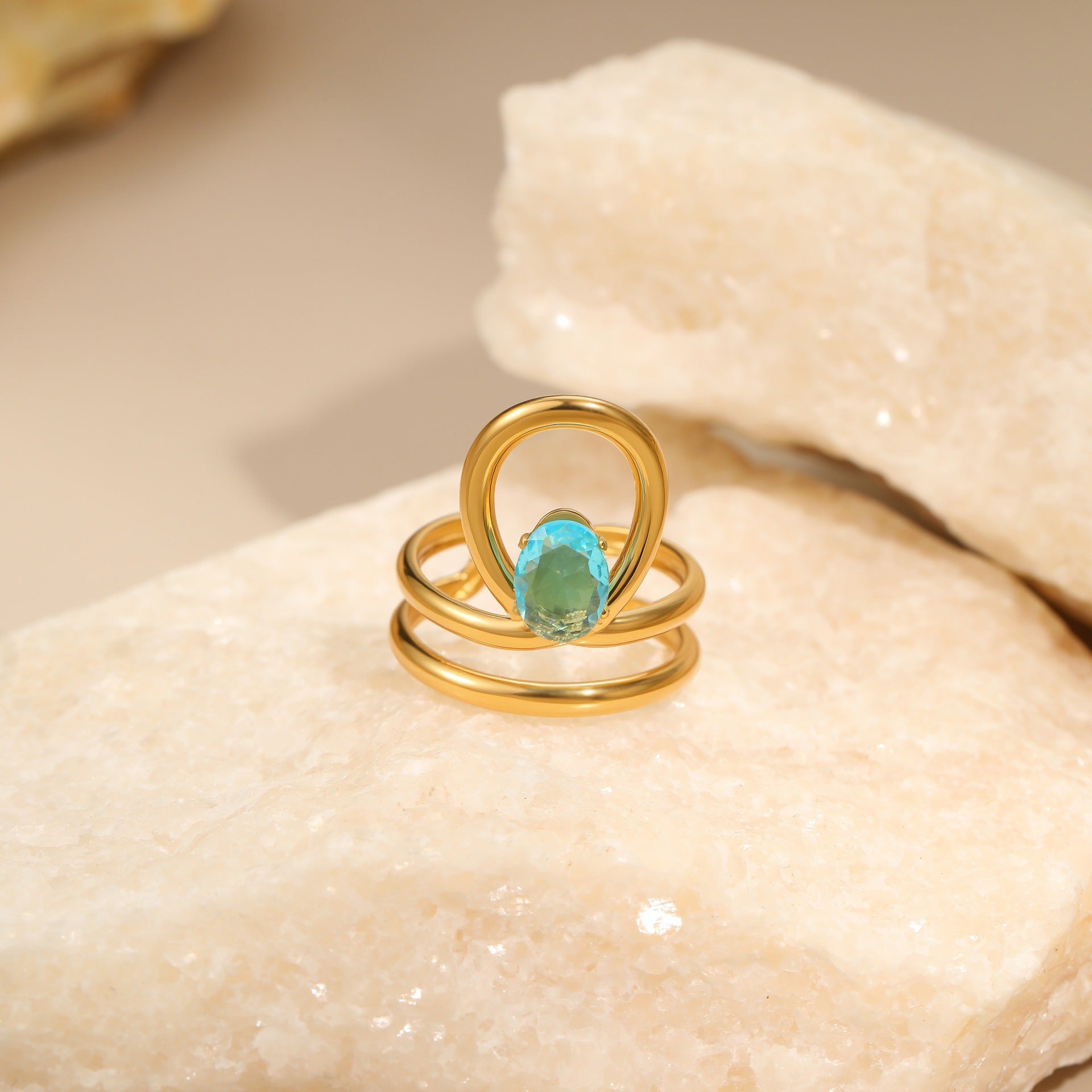 Wholesale Hollow irregular blue zircon stainless steel ring gold-plated ring